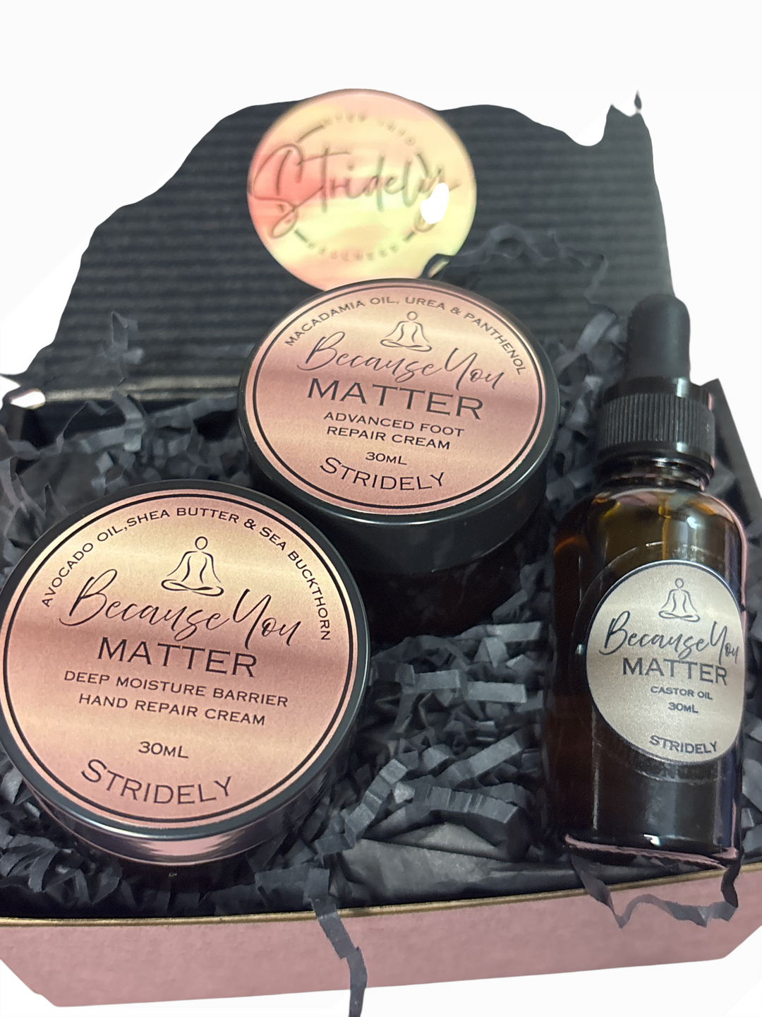 Stridely Self-Care Recovery Gift Box | Foot Cream, Hand Cream & Pure Castor Oil Gift Set