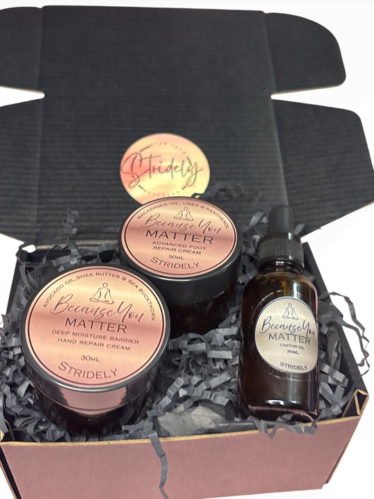 Stridely Self-Care Recovery Gift Box | Foot Cream, Hand Cream & Pure Castor Oil Gift Set