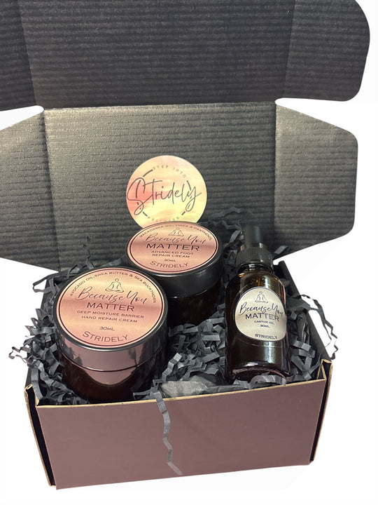Stridely Self-Care Recovery Gift Box | Foot Cream, Hand Cream & Pure Castor Oil Gift Set