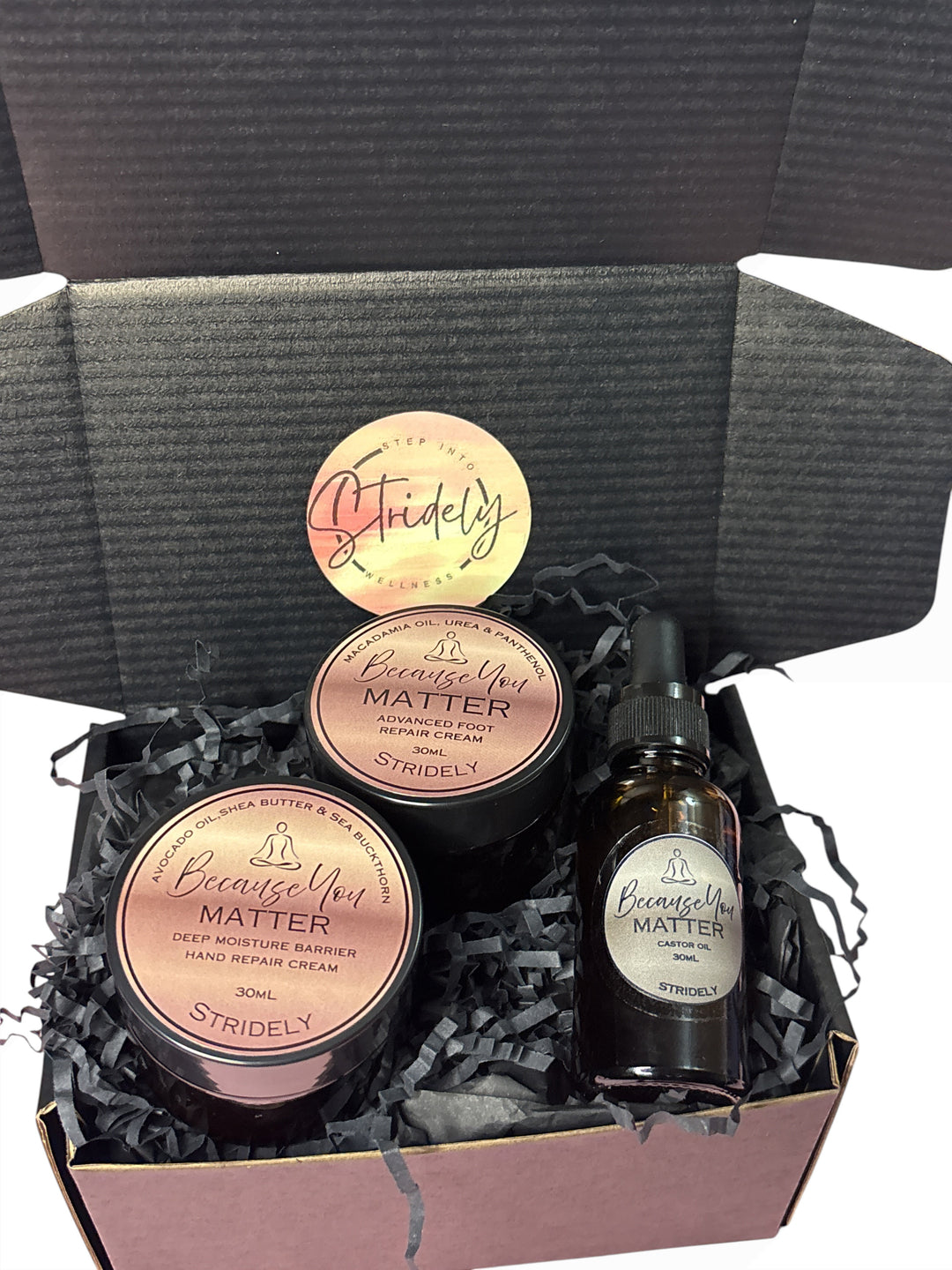 Stridely Self-Care Recovery Gift Box | Foot Cream, Hand Cream & Pure Castor Oil Gift Set