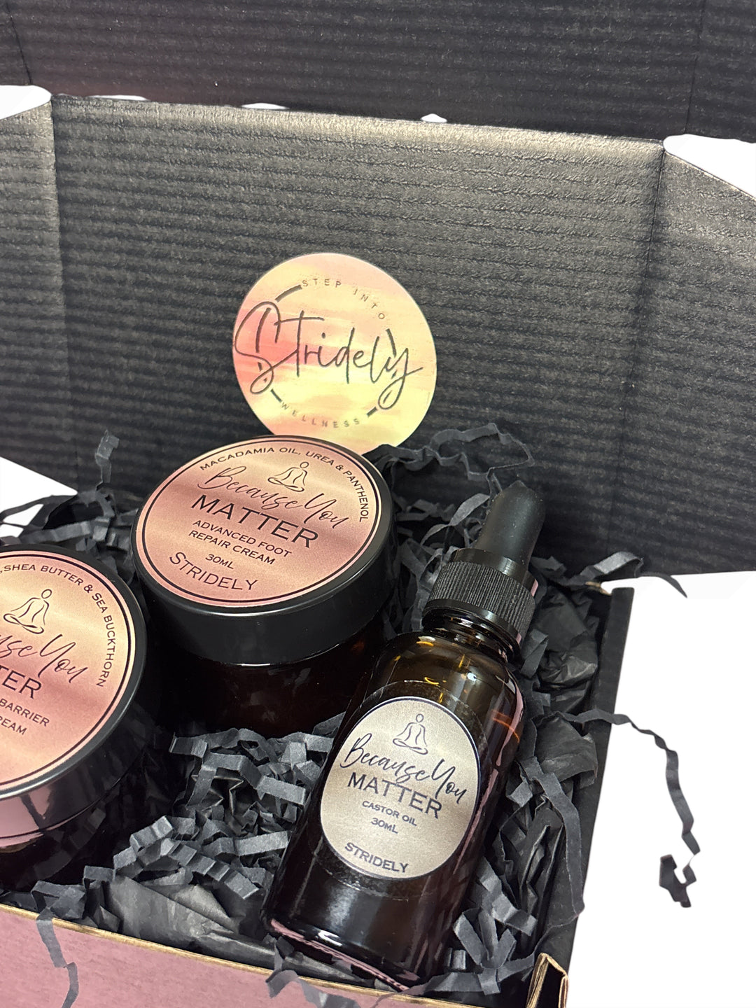 Stridely Self-Care Recovery Gift Box | Foot Cream, Hand Cream & Pure Castor Oil Gift Set