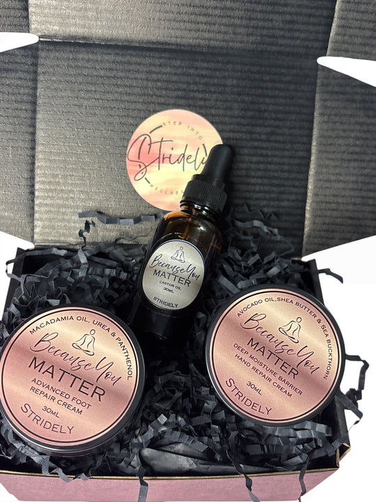 Stridely Self-Care Recovery Gift Box | Foot Cream, Hand Cream & Pure Castor Oil Gift Set