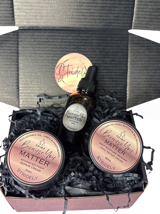 Stridely Self-Care Recovery Gift Box | Foot Cream, Hand Cream & Pure Castor Oil Gift Set