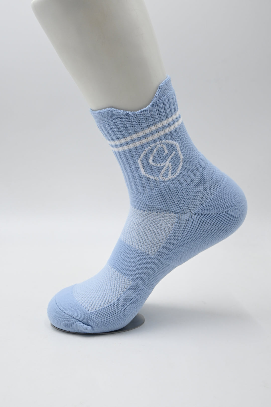 Blue sock with a logo on a white background