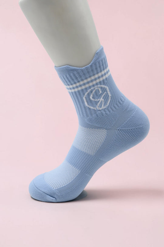 Blue sock with a logo on a white background