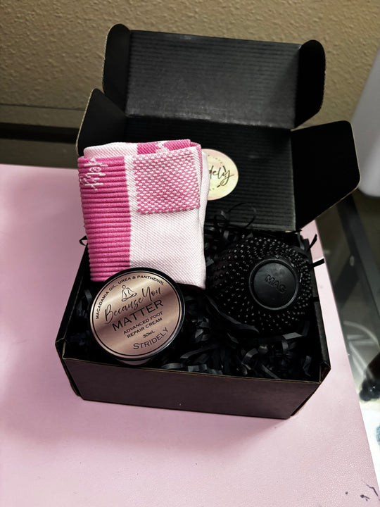 Essential Recovery Box, Stridely Foot Care Gift Box – Ultimate Foot Relief & Recovery Gift Set with Compression socks, Foot Roller, Massage Ball, Moisturizing Gel Socks & Castor Oil | Free Shipping
