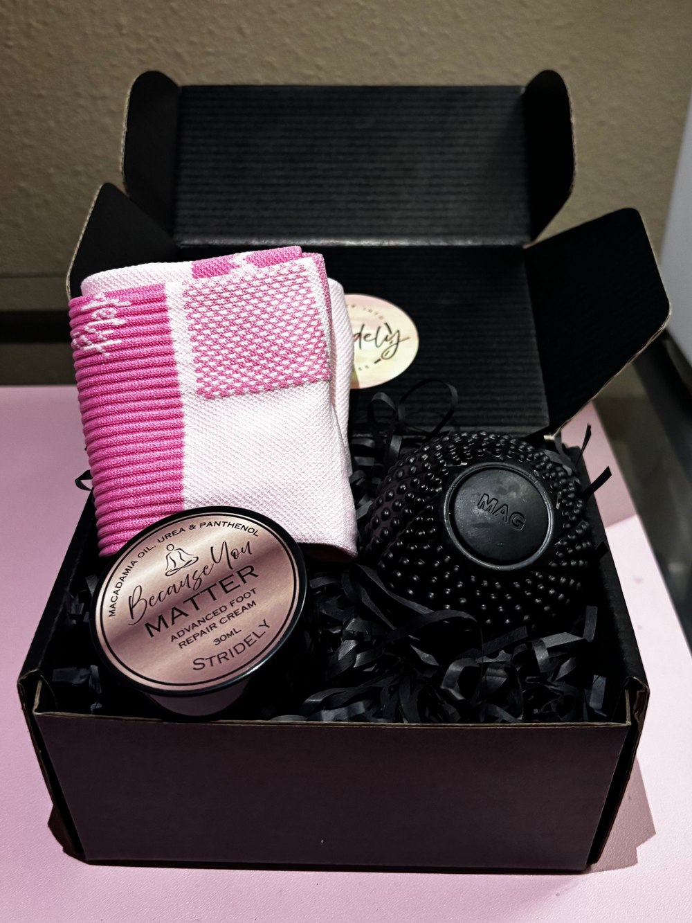 Essential Recovery Box, Stridely Foot Care Gift Box – Ultimate Foot Relief & Recovery Gift Set with Compression socks, Foot Roller, Massage Ball, Moisturizing Gel Socks & Castor Oil | Free Shipping