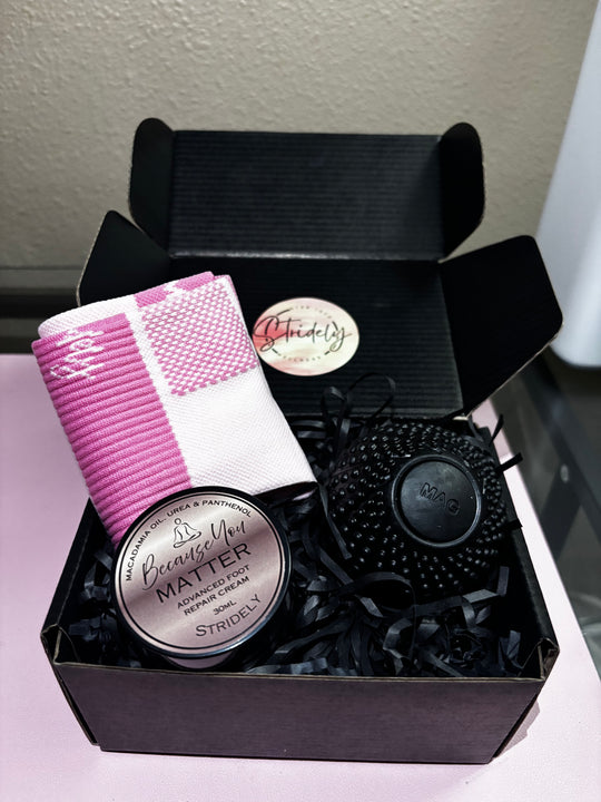Essential Recovery Box, Stridely Foot Care Gift Box – Ultimate Foot Relief & Recovery Gift Set with Compression socks, Foot Roller, Massage Ball, Moisturizing Gel Socks & Castor Oil | Free Shipping