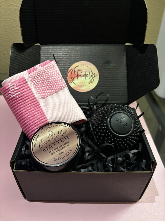 Essential Recovery Box, Stridely Foot Care Gift Box – Ultimate Foot Relief & Recovery Gift Set with Compression socks, Foot Roller, Massage Ball, Moisturizing Gel Socks & Castor Oil | Free Shipping