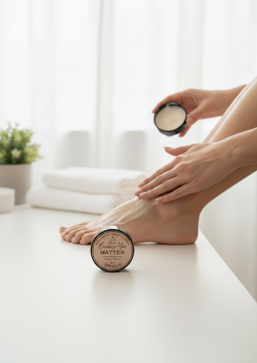 STRIDELY foot recovery cream being applied to dry feet in a bright, clean spa-like setting.