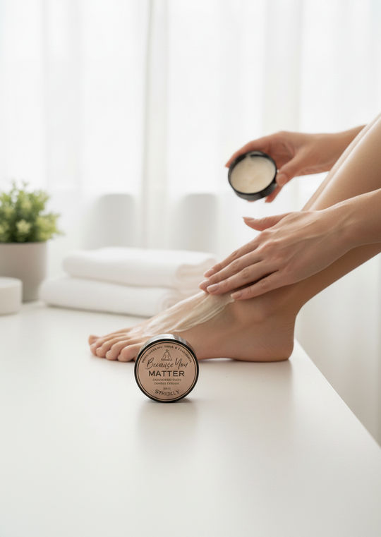 STRIDELY foot recovery cream being applied to dry feet in a bright, clean spa-like setting.
