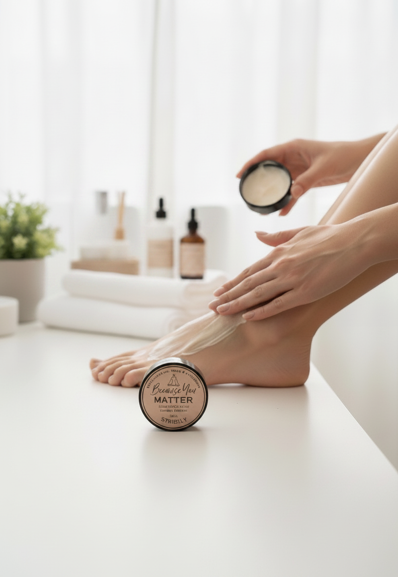 STRIDELY Foot Recovery Cream being applied to dry feet to soothe and hydrate skin in a bright, clean spa setting.