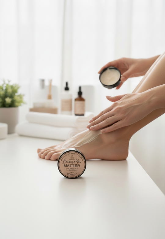 STRIDELY Foot Recovery Cream being applied to dry feet to soothe and hydrate skin in a bright, clean spa setting.
