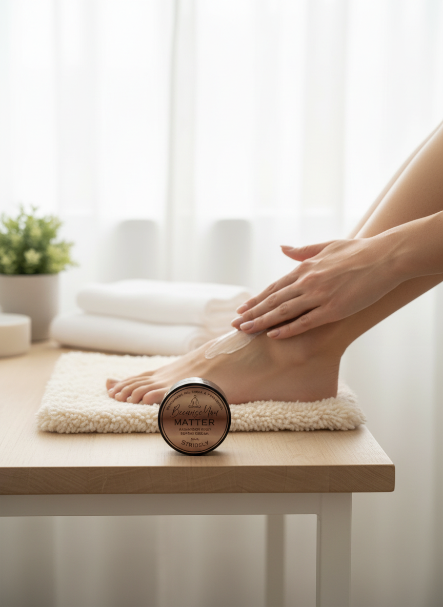 STRIDELY foot recovery cream jar on a wooden table with a person applying cream to their foot for deep hydration.